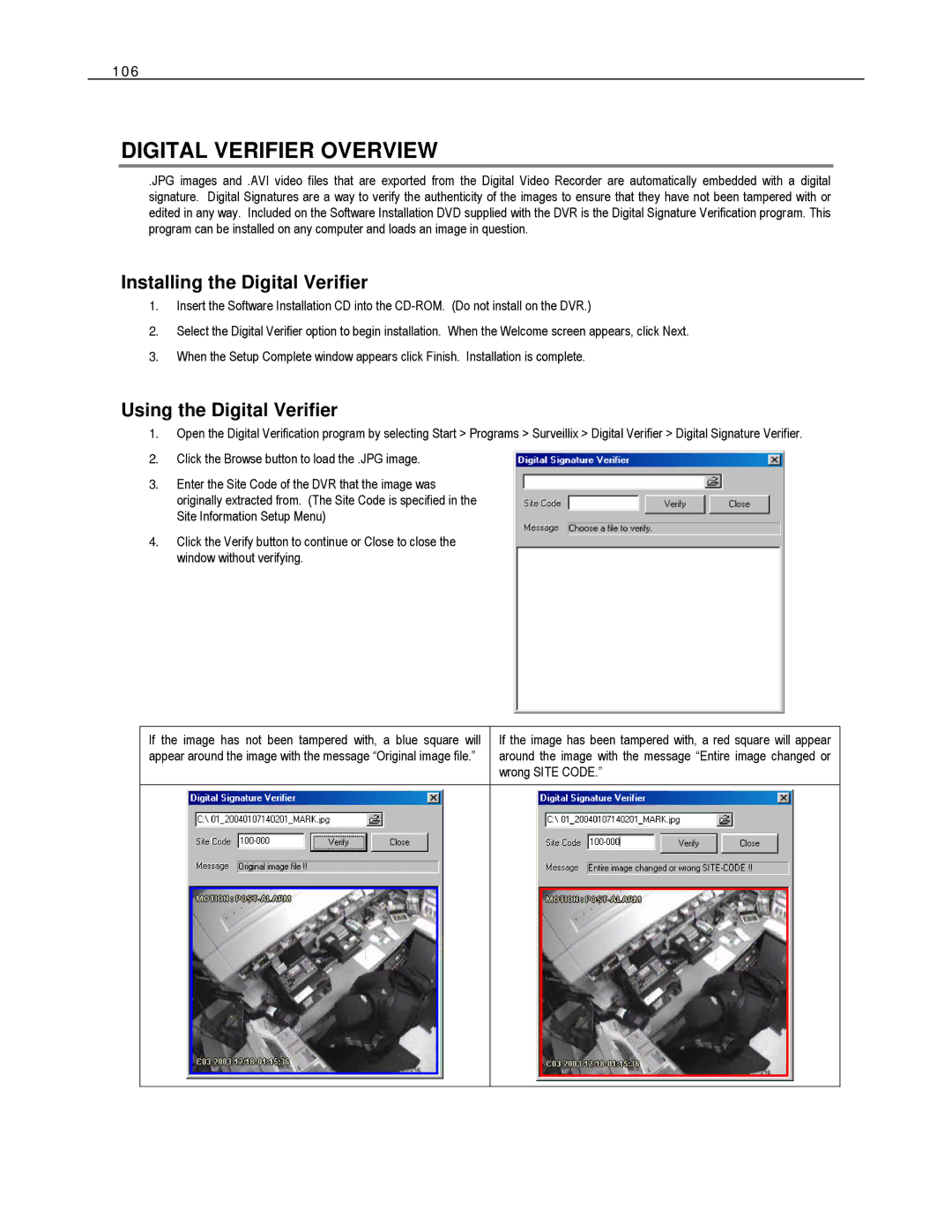 Toshiba HVR16-X, EVR8-X, HVR8-X Digital Verifier Overview, Installing the Digital Verifier, Using the Digital Verifier, 106 