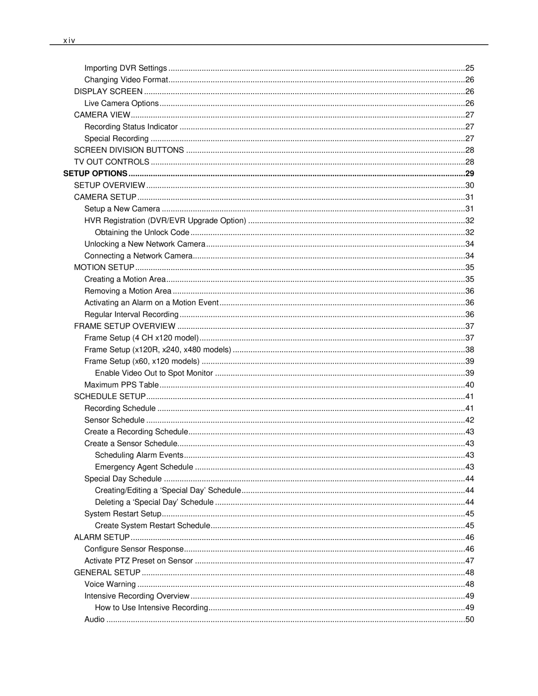 Toshiba HVR32-X, EVR8-X, EVR32-X, HVR8-X, HVR16-X, EVR16-X user manual Xiv, Setup Options 