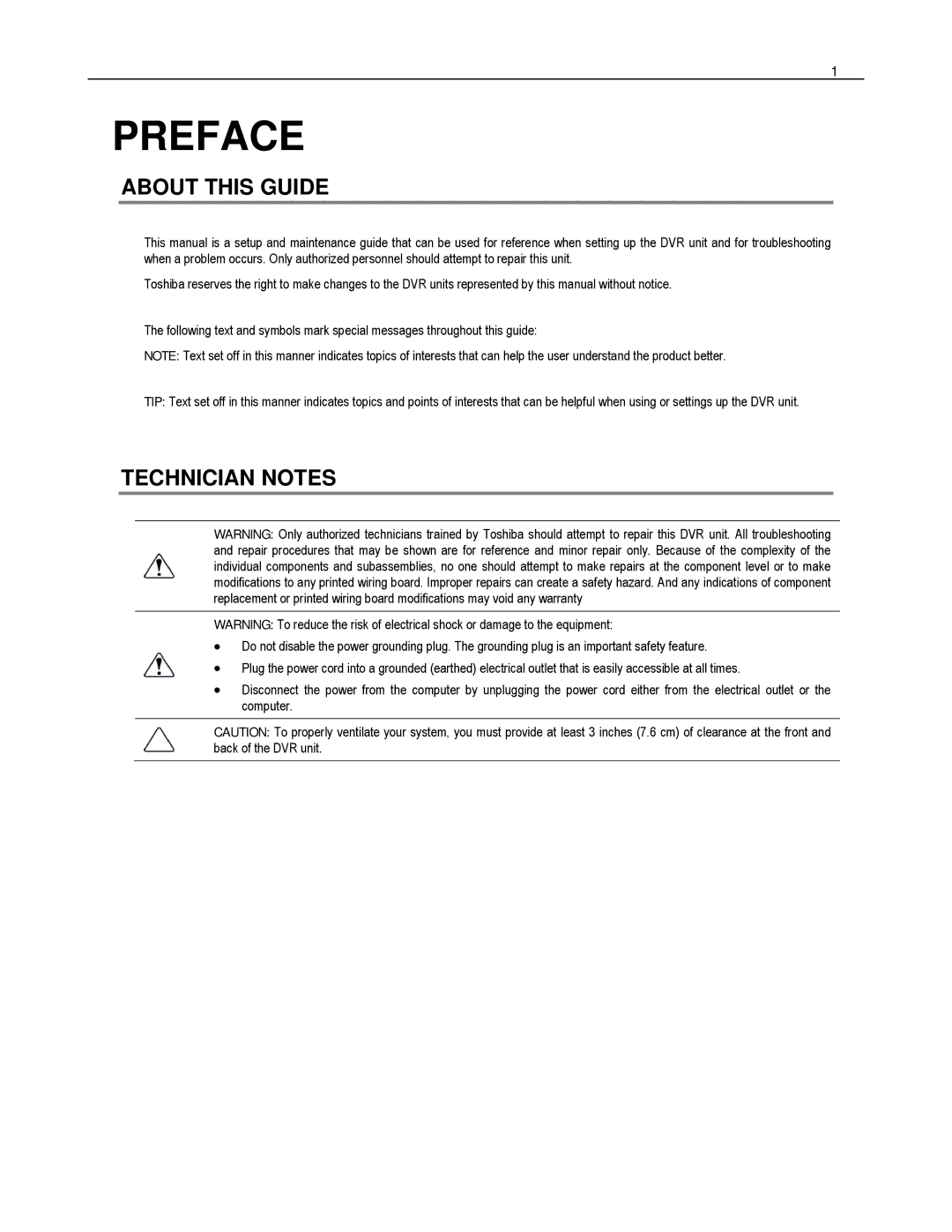 Toshiba EVR32-X, EVR8-X, HVR32-X, HVR8-X, HVR16-X, EVR16-X user manual Preface, About this Guide, Technician Notes 