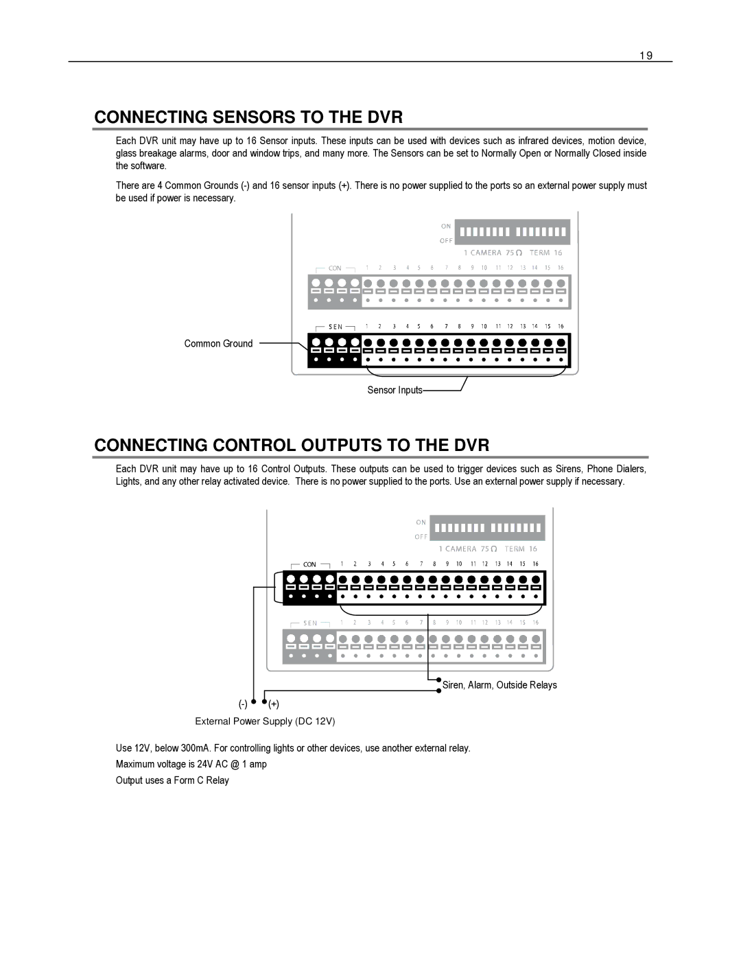 Toshiba EVR32-X, EVR8-X, HVR32-X, HVR8-X, HVR16-X Connecting Sensors to the DVR, Connecting Control Outputs to the DVR 