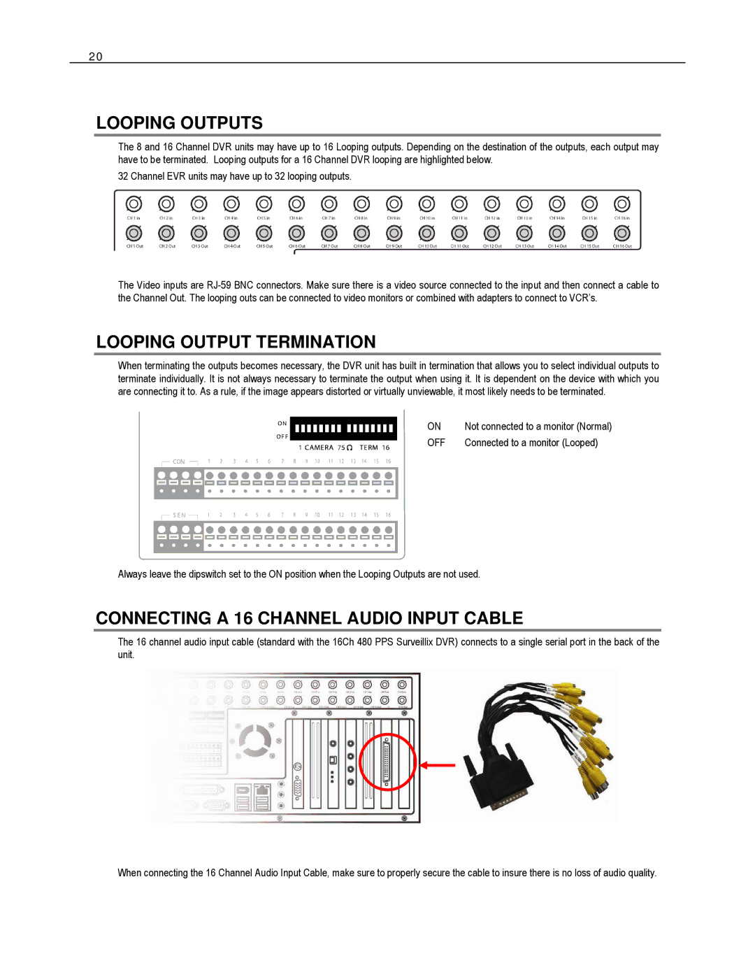 Toshiba HVR32-X, EVR8-X, EVR32-X Looping Outputs, Looping Output Termination, Connecting a 16 Channel Audio Input Cable 