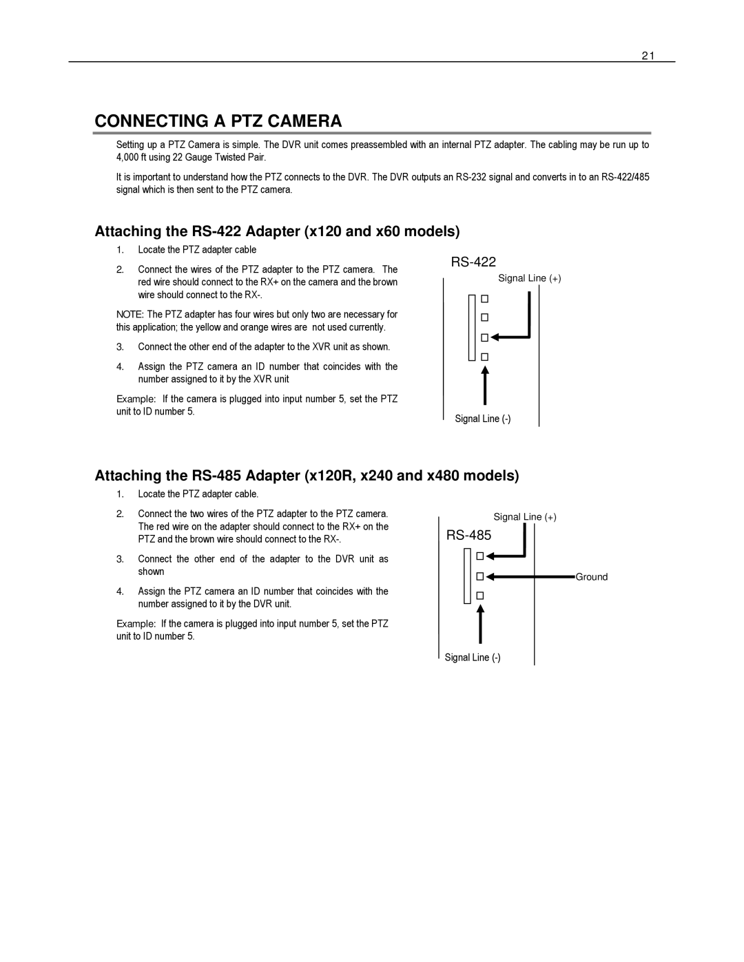 Toshiba HVR8-X, EVR8-X, EVR32-X, HVR32-X, HVR16-X Connecting a PTZ Camera, Attaching the RS-422 Adapter x120 and x60 models 