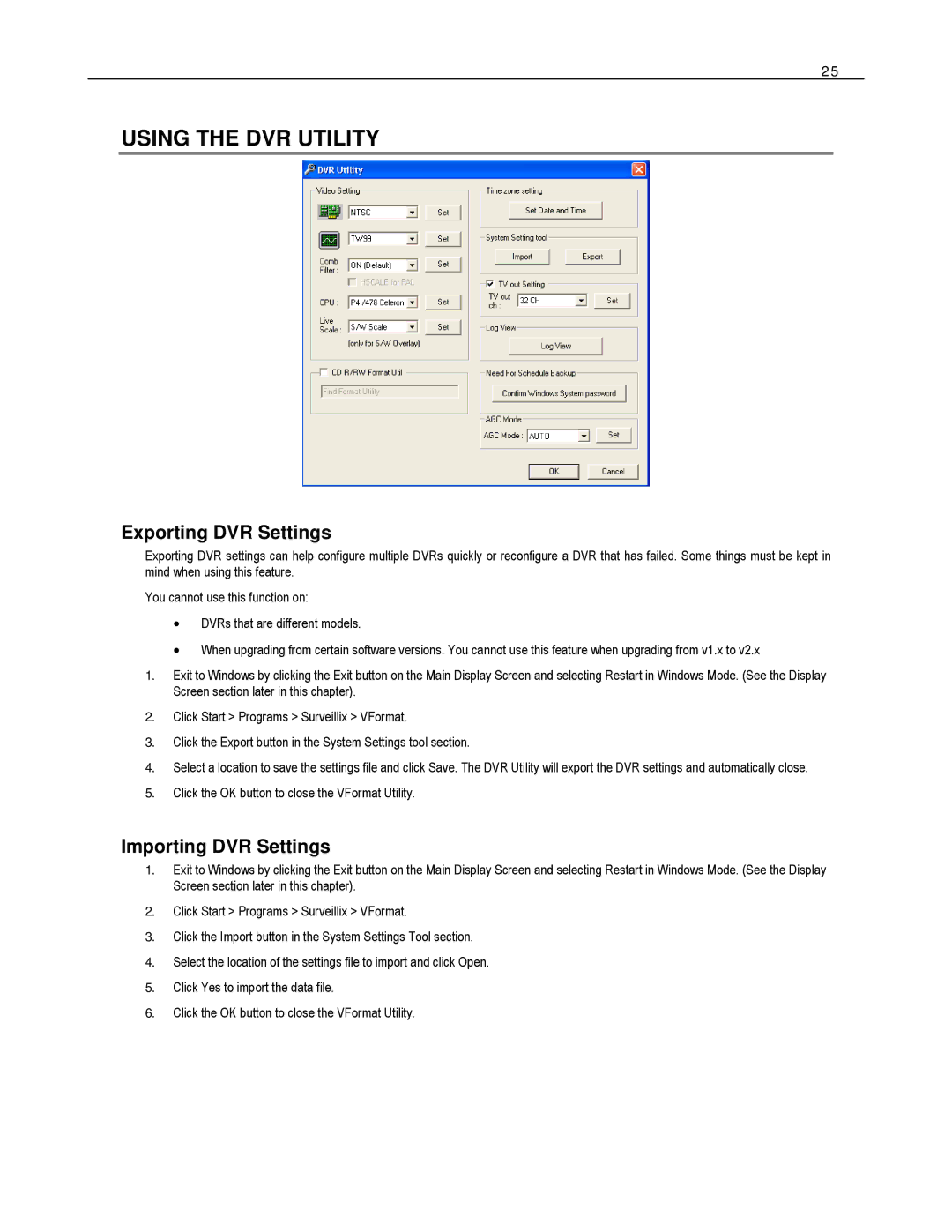 Toshiba EVR32-X, EVR8-X, HVR32-X, HVR8-X, HVR16-X Using the DVR Utility, Exporting DVR Settings, Importing DVR Settings 