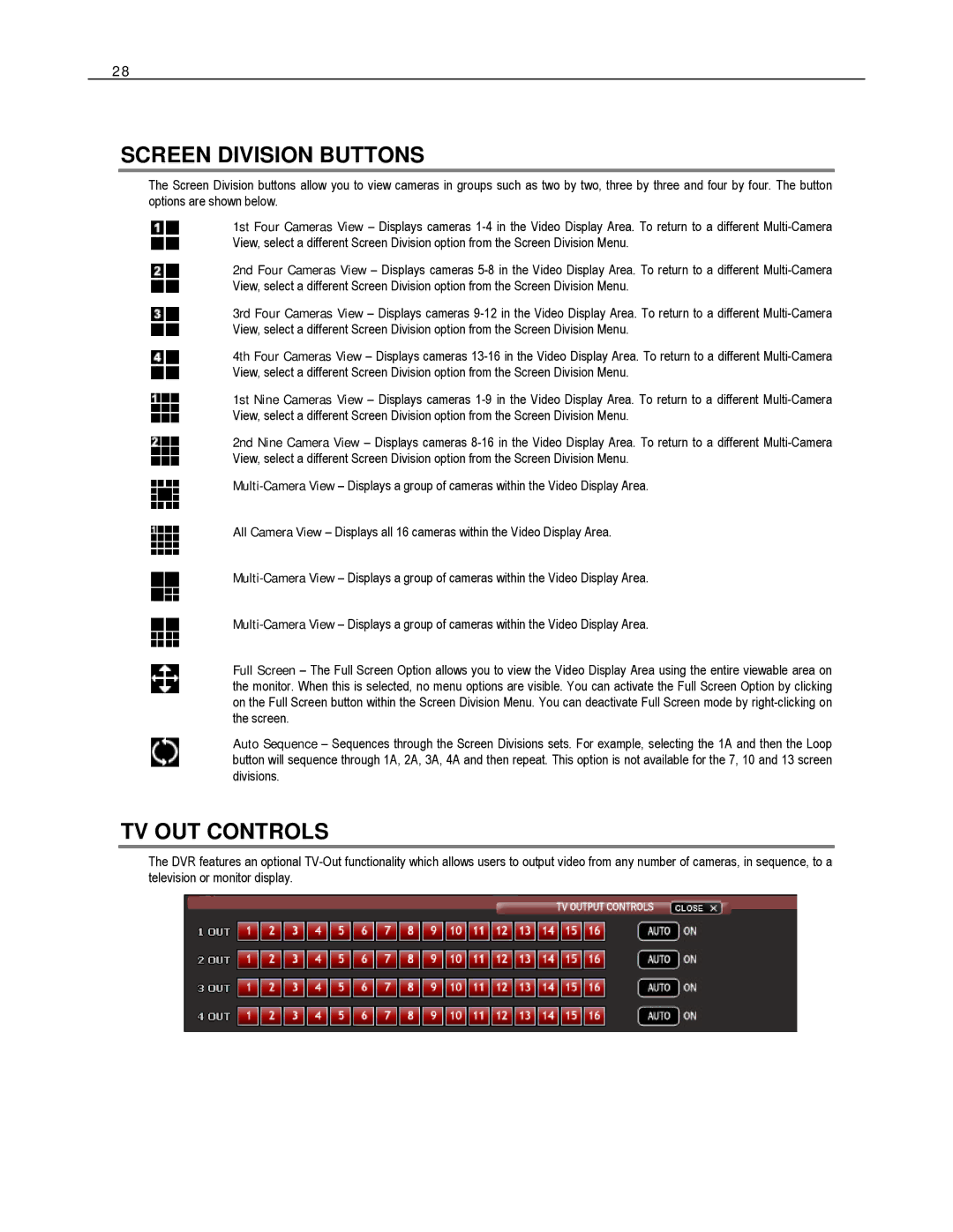 Toshiba HVR16-X, EVR8-X, EVR32-X, HVR32-X, HVR8-X, EVR16-X user manual Screen Division Buttons, TV OUT Controls 