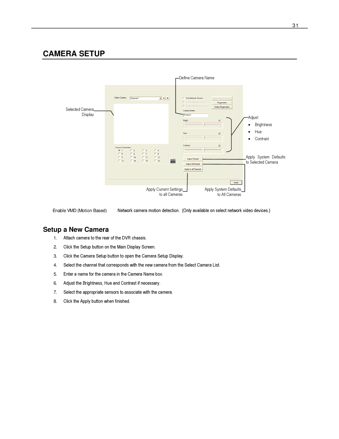 Toshiba EVR32-X, EVR8-X, HVR32-X, HVR8-X, HVR16-X, EVR16-X user manual Camera Setup, Setup a New Camera 