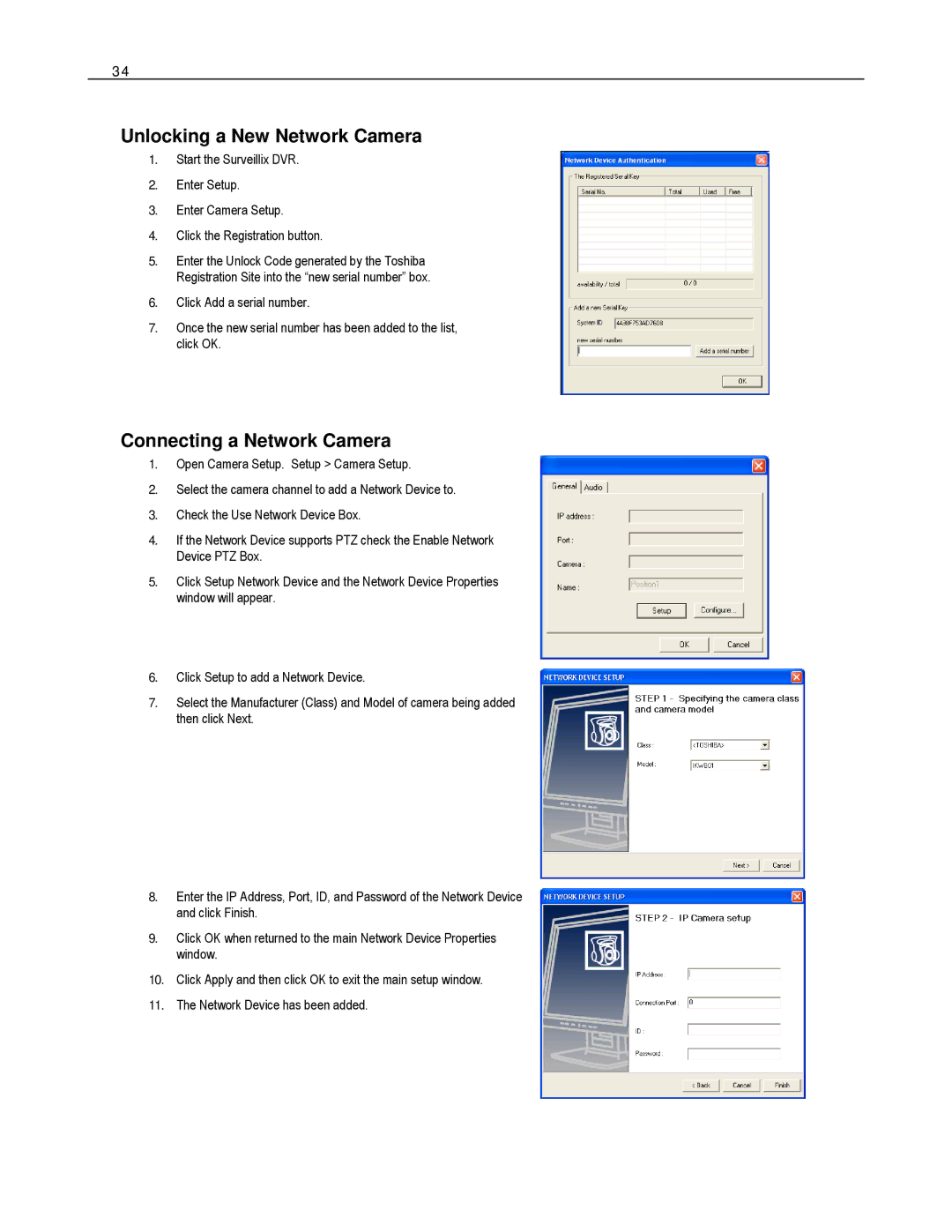 Toshiba HVR16-X, EVR8-X, EVR32-X, HVR32-X, HVR8-X, EVR16-X Unlocking a New Network Camera, Connecting a Network Camera 