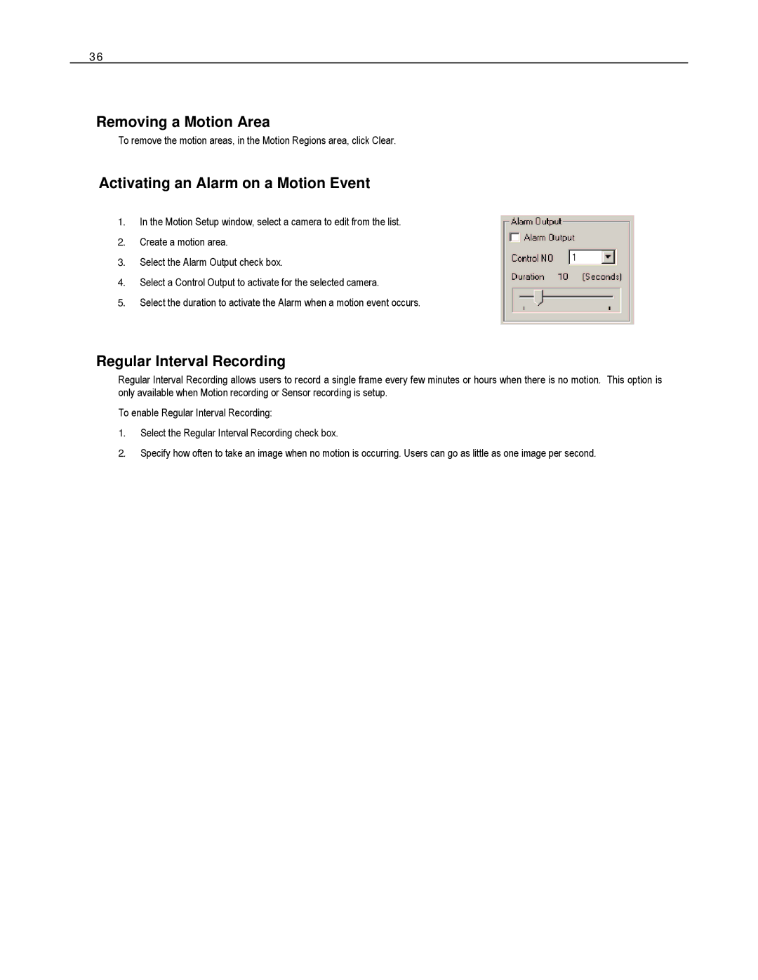 Toshiba EVR8-X, EVR32-X, HVR32-X Removing a Motion Area, Activating an Alarm on a Motion Event, Regular Interval Recording 