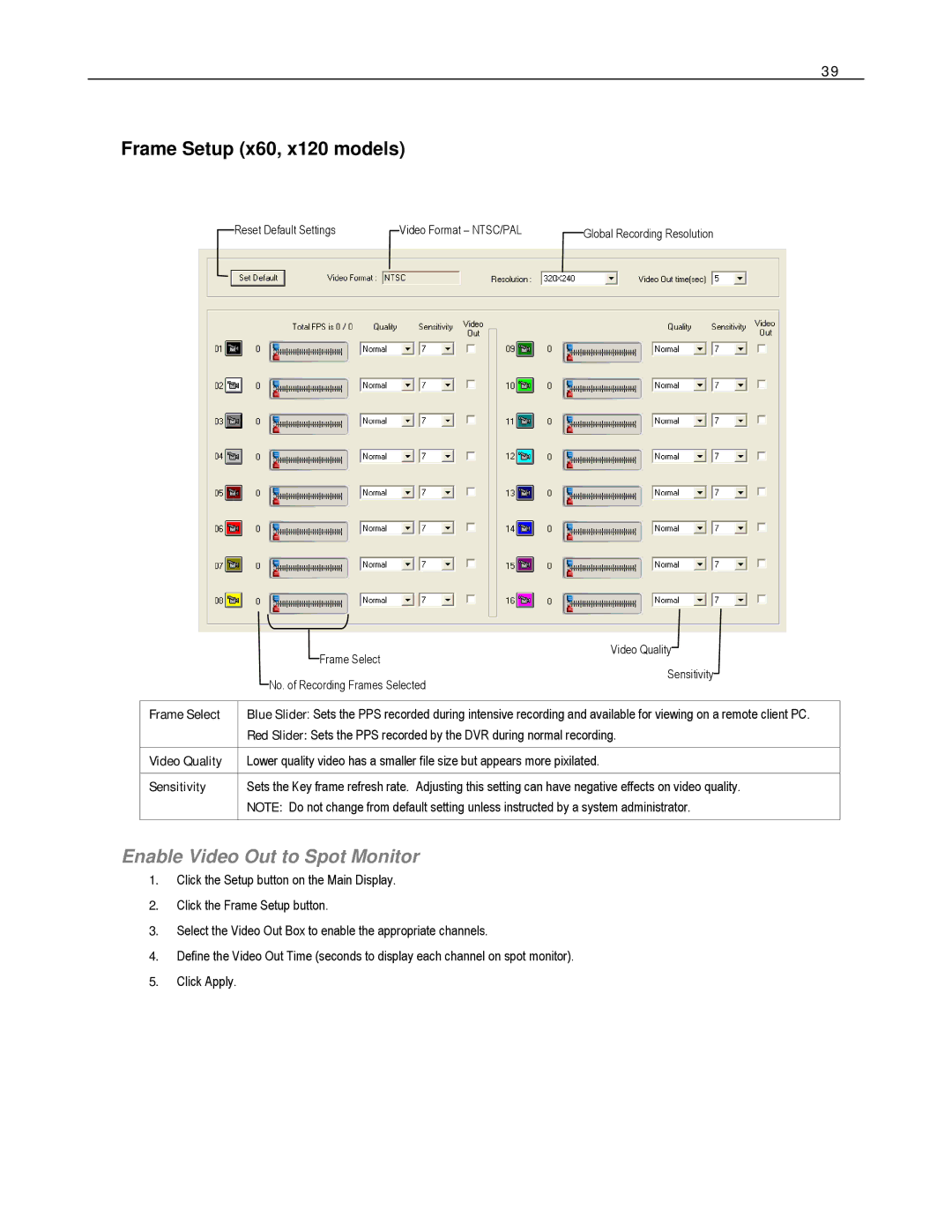 Toshiba HVR8-X, EVR8-X, EVR32-X, HVR32-X, HVR16-X, EVR16-X Frame Setup x60, x120 models, Enable Video Out to Spot Monitor 