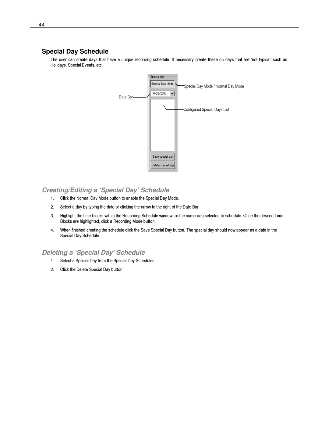 Toshiba HVR32-X, EVR8-X Special Day Schedule, Creating/Editing a ‘Special Day’ Schedule, Deleting a ‘Special Day’ Schedule 