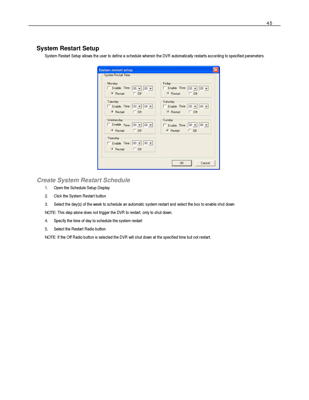 Toshiba HVR8-X, EVR8-X, EVR32-X, HVR32-X, HVR16-X, EVR16-X user manual System Restart Setup, Create System Restart Schedule 