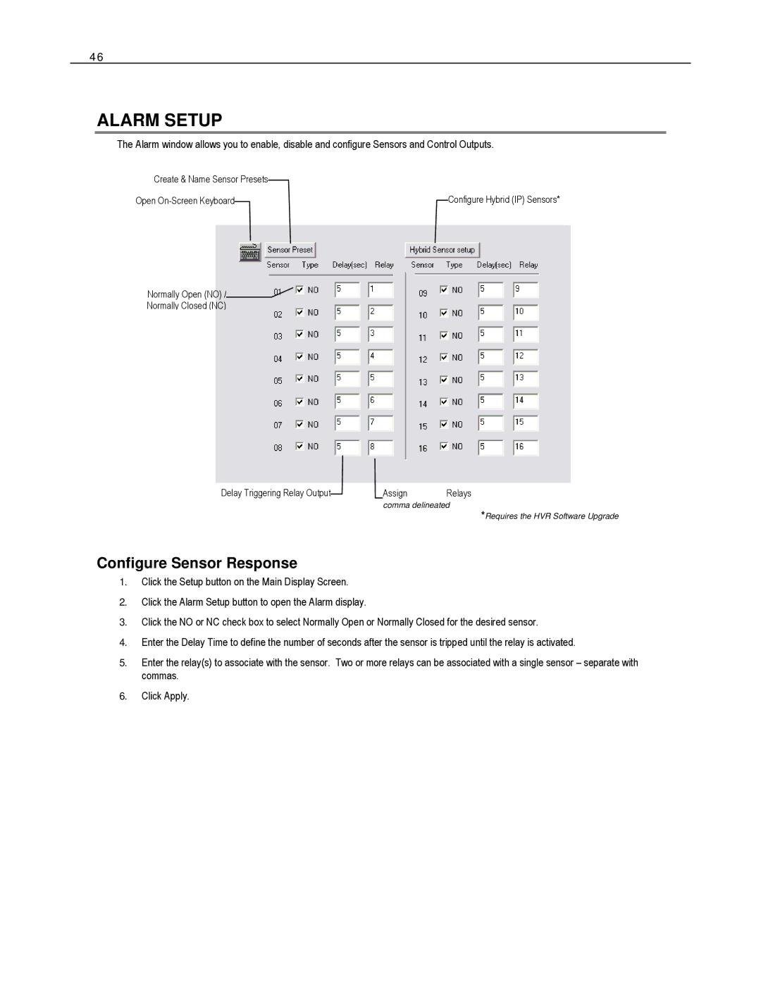 Toshiba HVR16-X, EVR8-X, EVR32-X, HVR32-X, HVR8-X, EVR16-X user manual Alarm Setup, Configure Sensor Response 