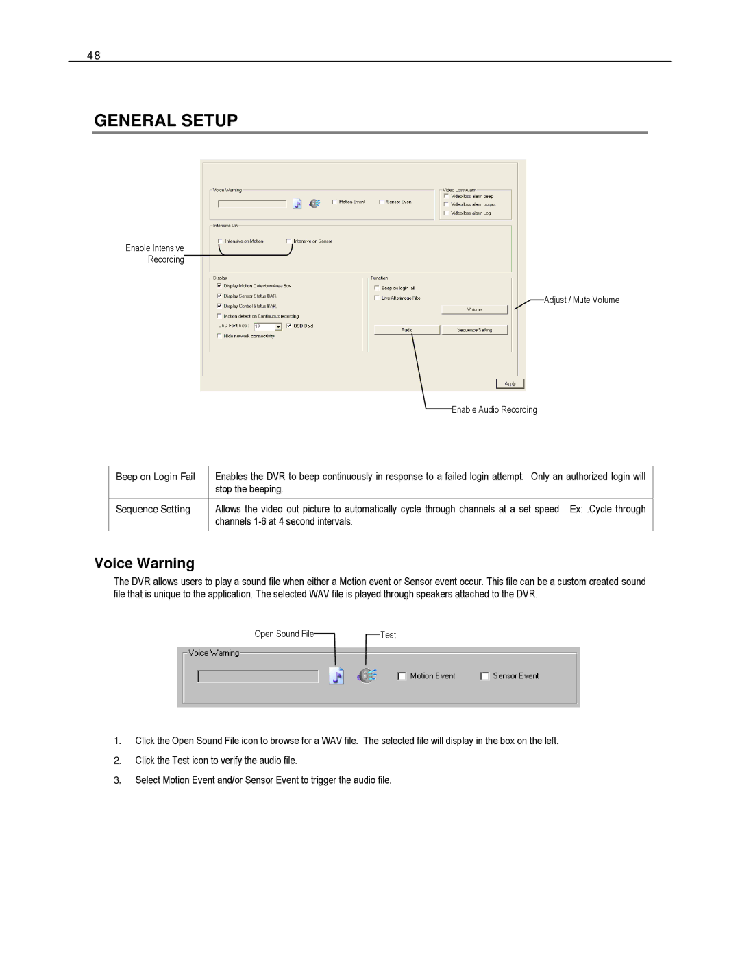 Toshiba EVR8-X, EVR32-X, HVR32-X, HVR8-X, HVR16-X, EVR16-X General Setup, Voice Warning, Beep on Login Fail, Sequence Setting 