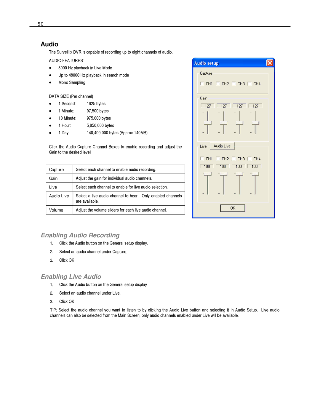 Toshiba HVR32-X, EVR8-X, EVR32-X, HVR8-X, HVR16-X, EVR16-X user manual Enabling Audio Recording, Enabling Live Audio 