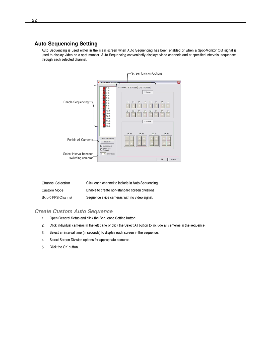 Toshiba HVR16-X Auto Sequencing Setting, Create Custom Auto Sequence, Channel Selection, Custom Mode, Skip 0 FPS Channel 