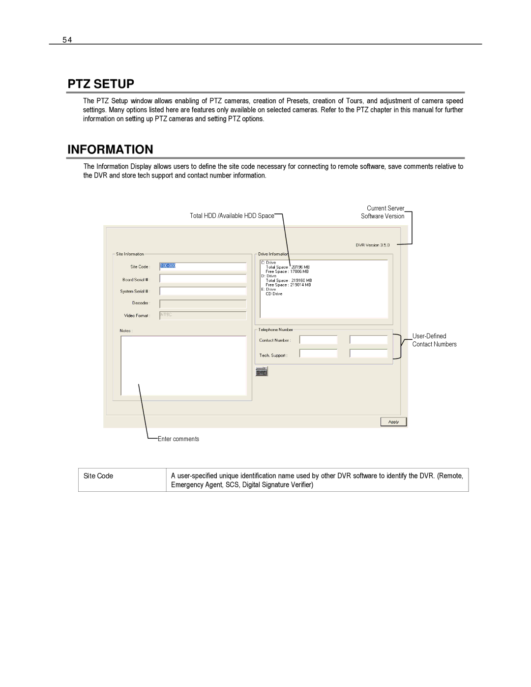 Toshiba EVR8-X, EVR32-X, HVR32-X, HVR8-X, HVR16-X, EVR16-X user manual PTZ Setup, Information, Site Code 