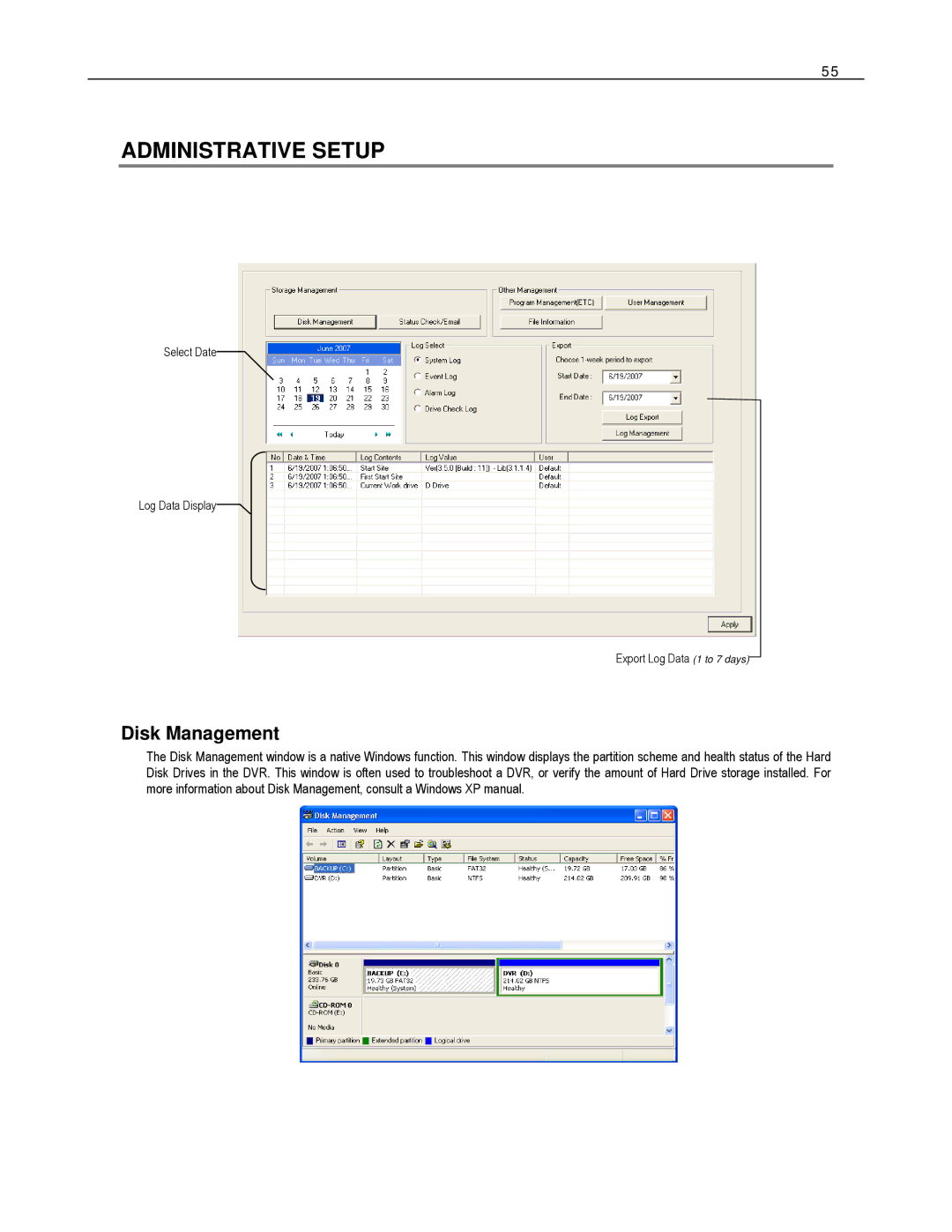 Toshiba EVR32-X, EVR8-X, HVR32-X, HVR8-X, HVR16-X, EVR16-X user manual Administrative Setup, Disk Management 