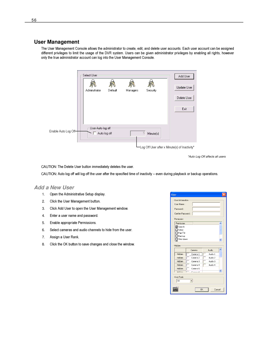 Toshiba HVR32-X, EVR8-X, EVR32-X, HVR8-X, HVR16-X, EVR16-X user manual User Management, Add a New User 