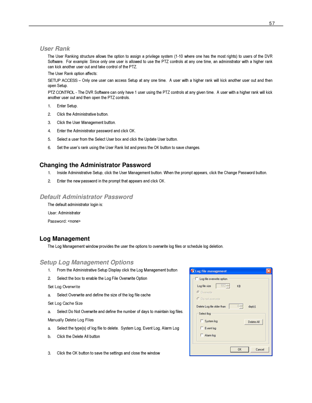 Toshiba HVR8-X, EVR8-X User Rank, Changing the Administrator Password, Default Administrator Password, Log Management 