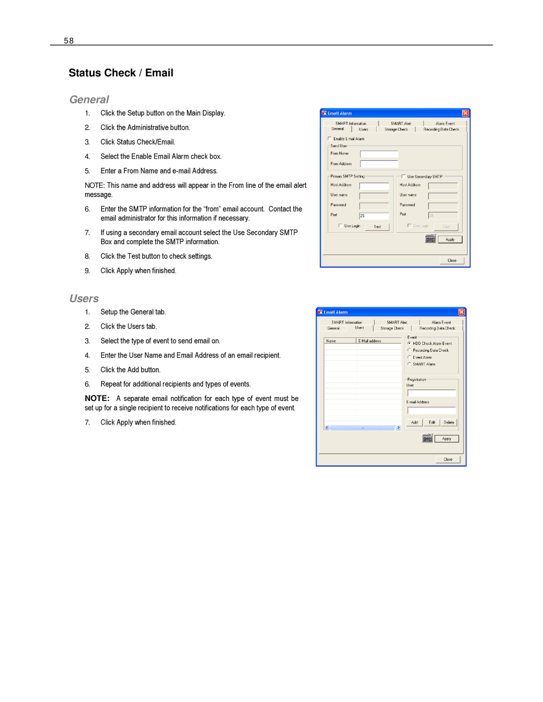 Toshiba HVR16-X, EVR8-X, EVR32-X, HVR32-X, HVR8-X, EVR16-X user manual Status Check / Email, General, Users 