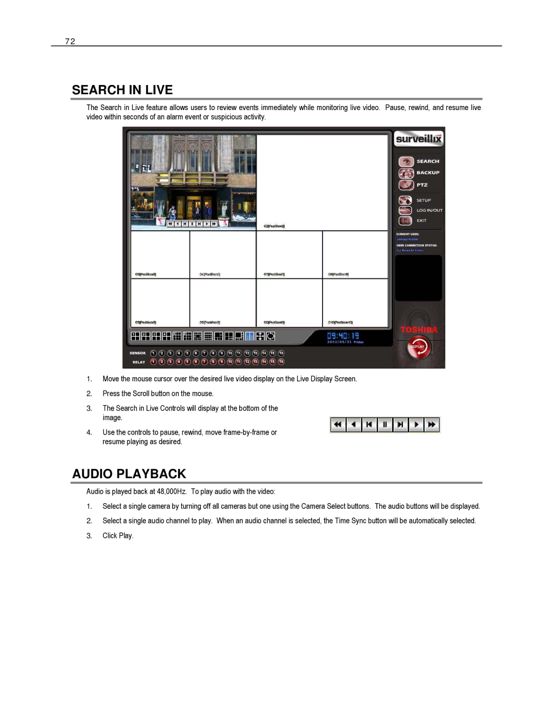 Toshiba EVR8-X, EVR32-X, HVR32-X, HVR8-X, HVR16-X, EVR16-X user manual Search in Live, Audio Playback 