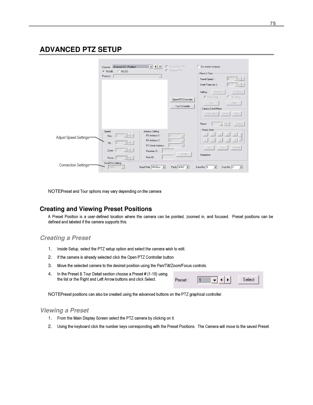 Toshiba HVR8-X, EVR8-X Advanced PTZ Setup, Creating and Viewing Preset Positions, Creating a Preset, Viewing a Preset 