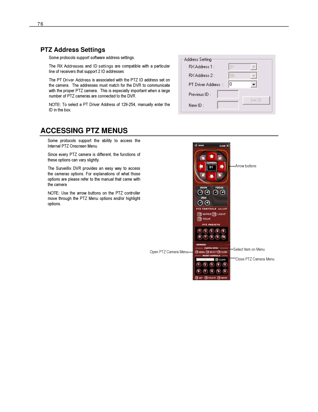 Toshiba HVR16-X, EVR8-X, EVR32-X, HVR32-X, HVR8-X, EVR16-X user manual Accessing PTZ Menus, PTZ Address Settings 