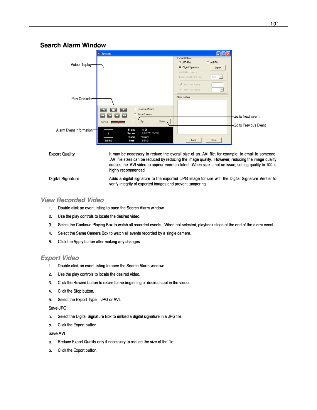 Toshiba EVR16-X Search Alarm Window, View Recorded Video, Export Video, Export Quality, Digital Signature, Save JPG 