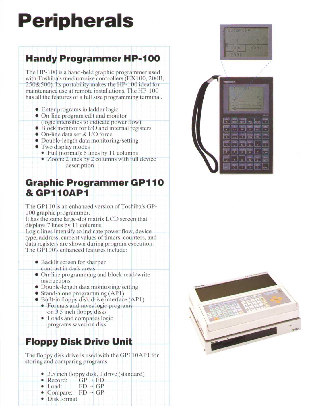 Toshiba EX100 manual Peripherals, Handy Programmer HP-100, Graphic Programmer GPI 10 & GP110API, Floppy Disk Drive Unit 