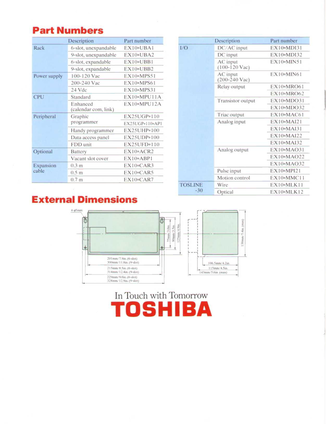 Toshiba EX100 manual Part Numbers, External Dimensions, Touch with Tomorrow 