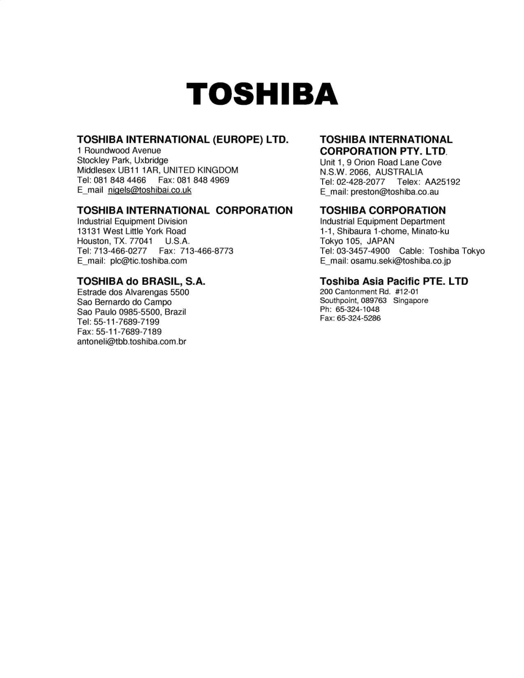 Toshiba EX20 Plus, 40 Plus manual Toshiba International Corporation, Toshiba do BRASIL, S.A, Toshiba Corporation 