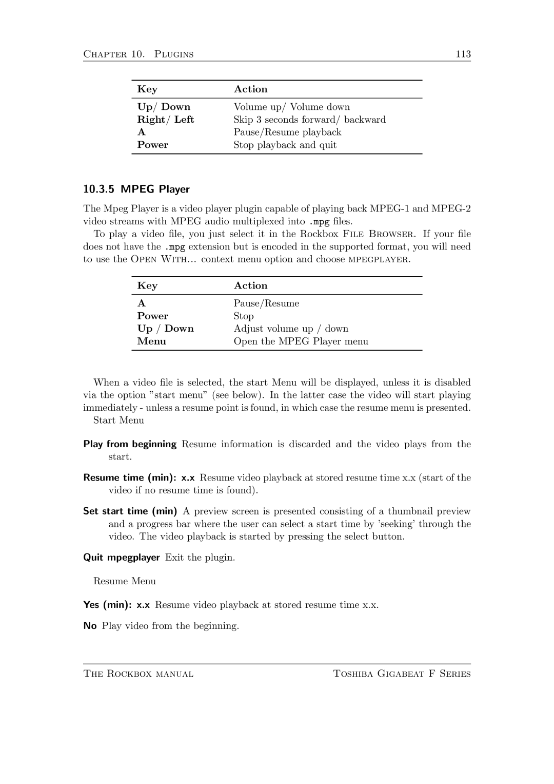 Toshiba F Series manual Mpeg Player 