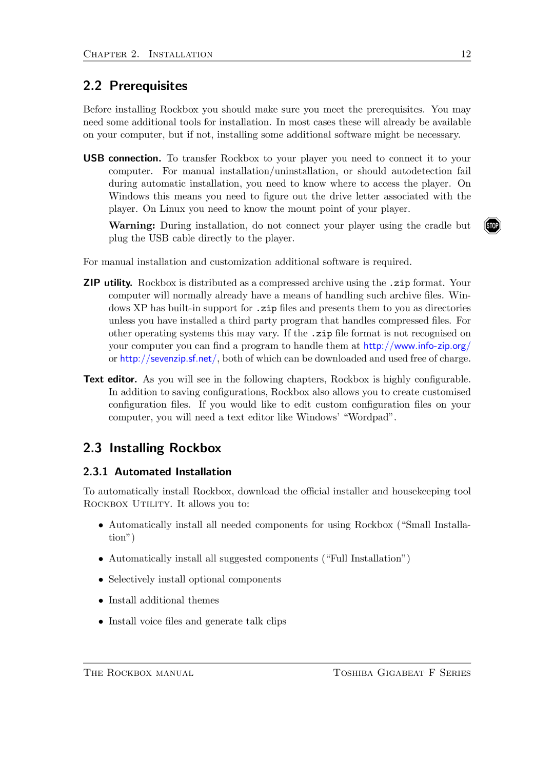 Toshiba F Series manual Prerequisites, Installing Rockbox, Automated Installation 