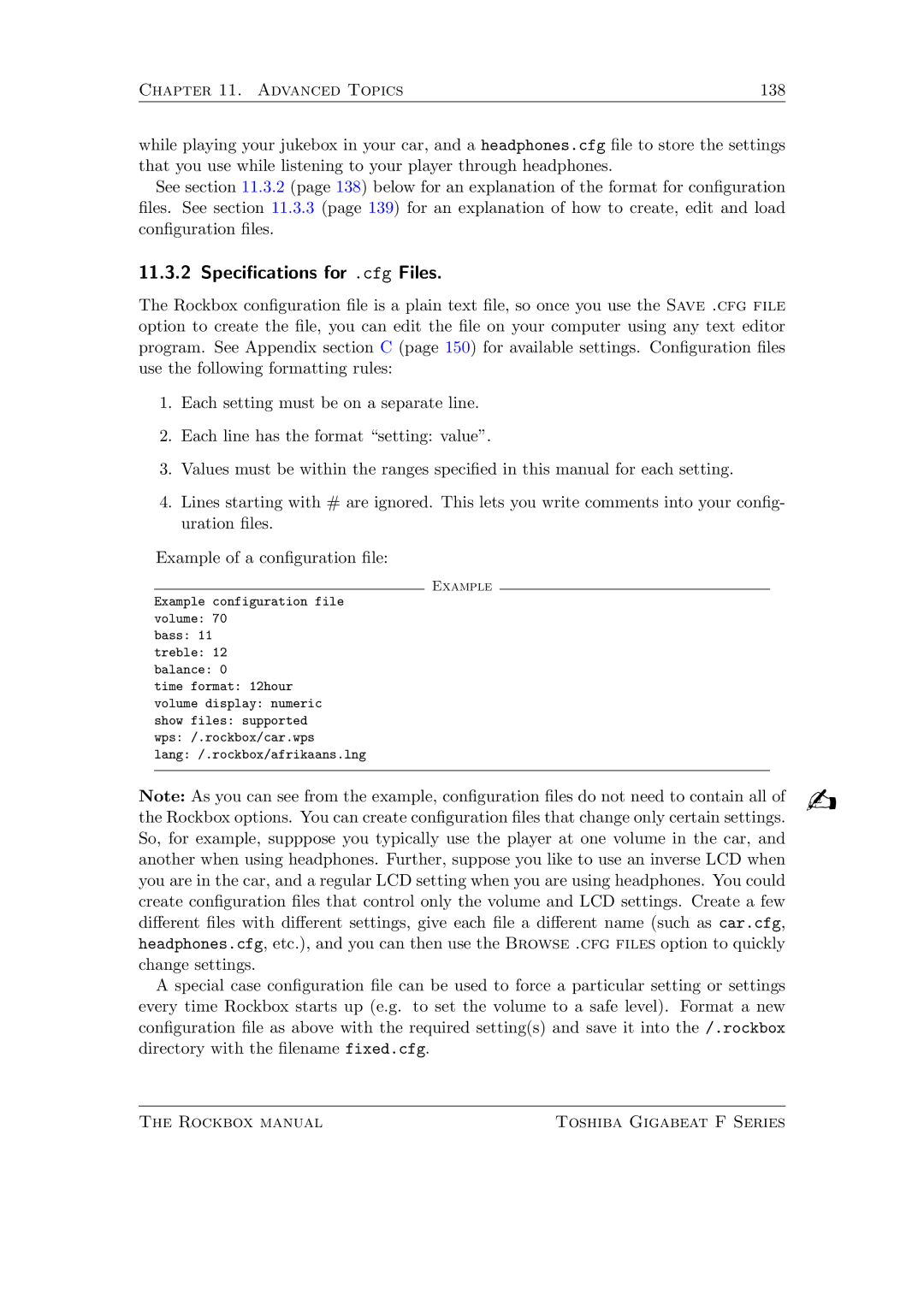 Toshiba F Series manual Specications for .cfg Files 