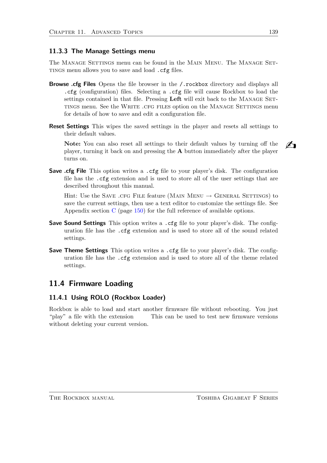 Toshiba F Series manual Firmware Loading, Manage Settings menu, Using Rolo Rockbox Loader 