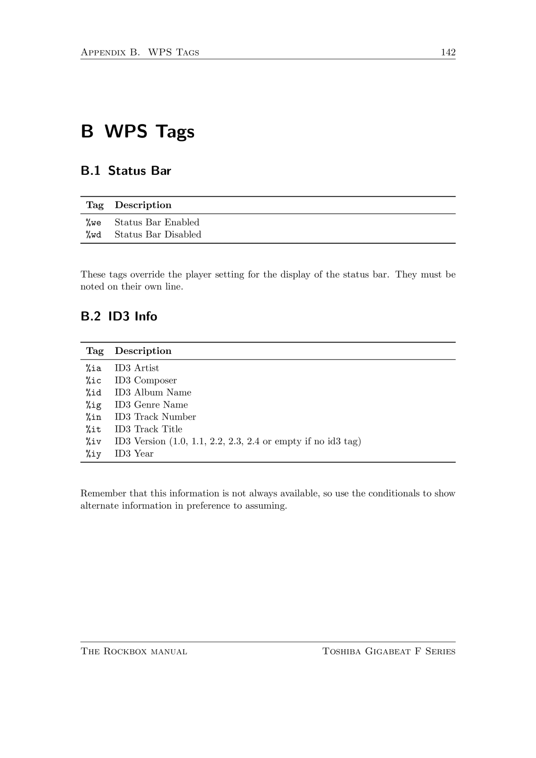 Toshiba F Series manual WPS Tags, Status Bar, ID3 Info 