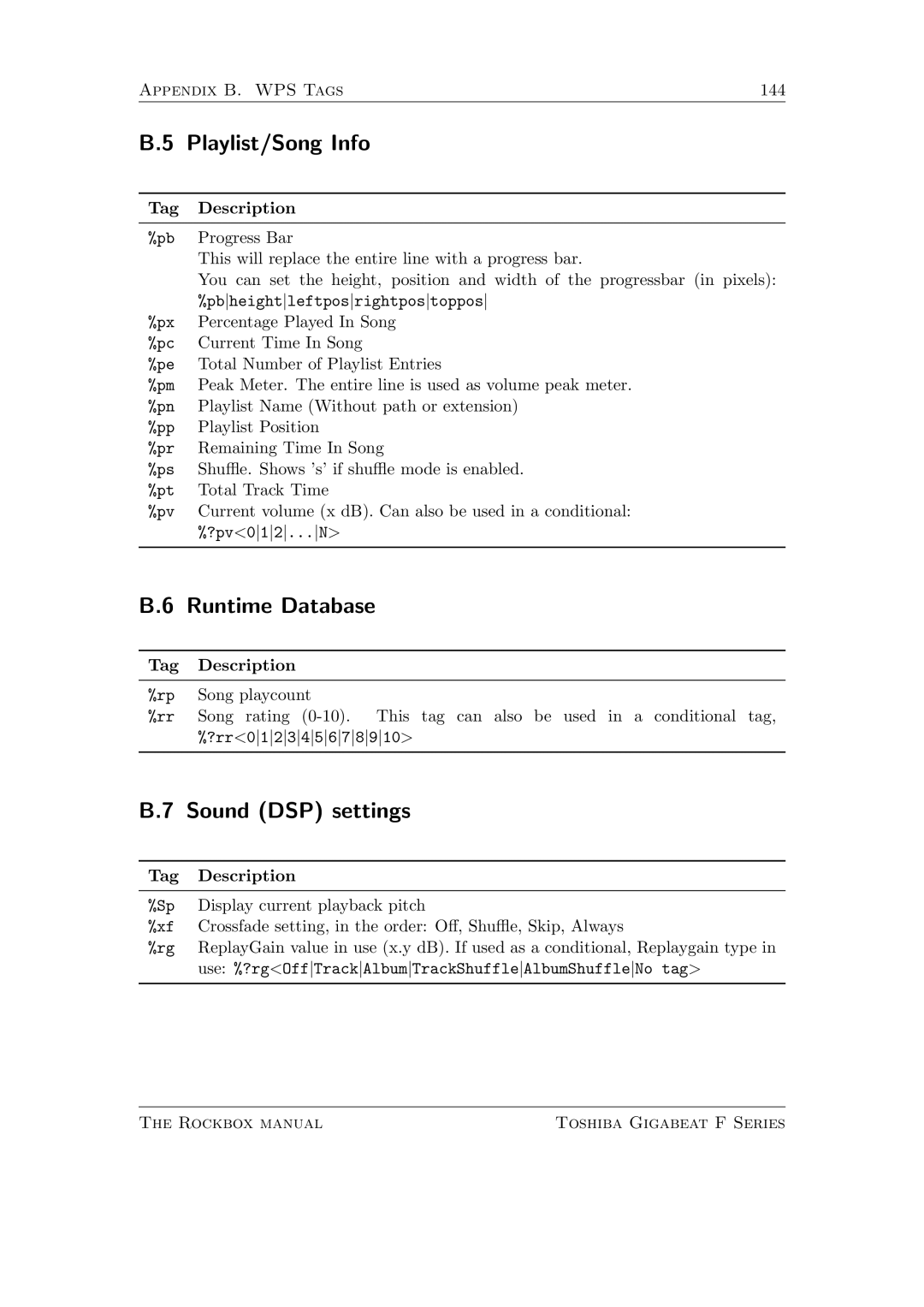 Toshiba F Series manual Playlist/Song Info, Runtime Database, Sound DSP settings 