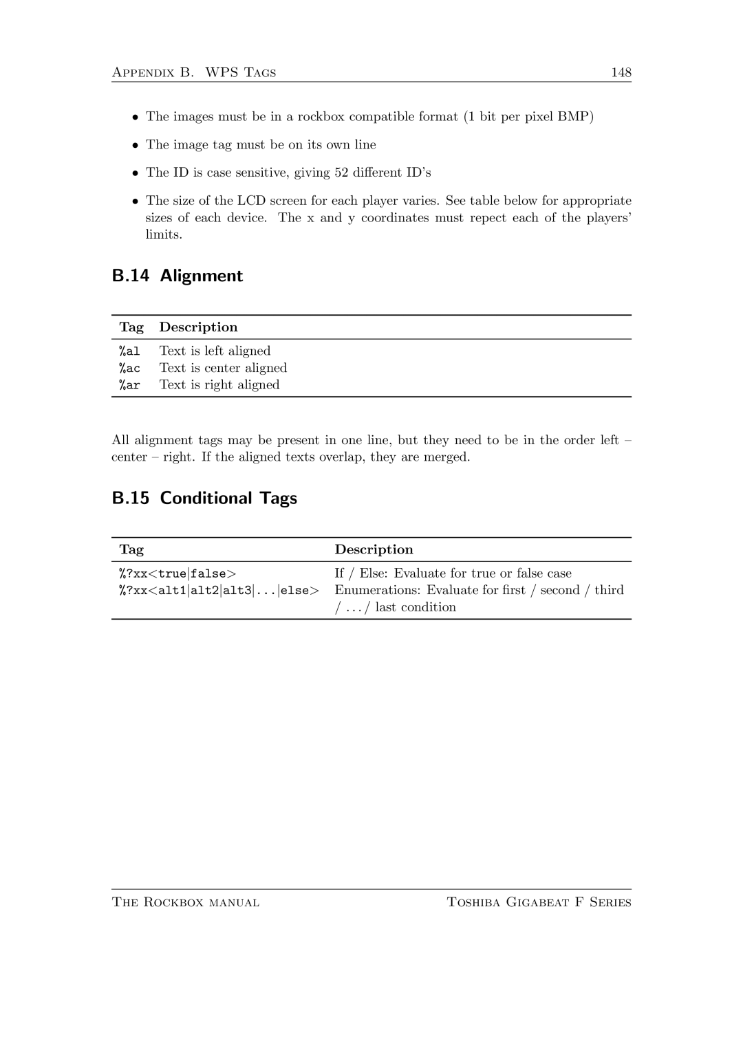 Toshiba F Series manual Alignment, Conditional Tags 