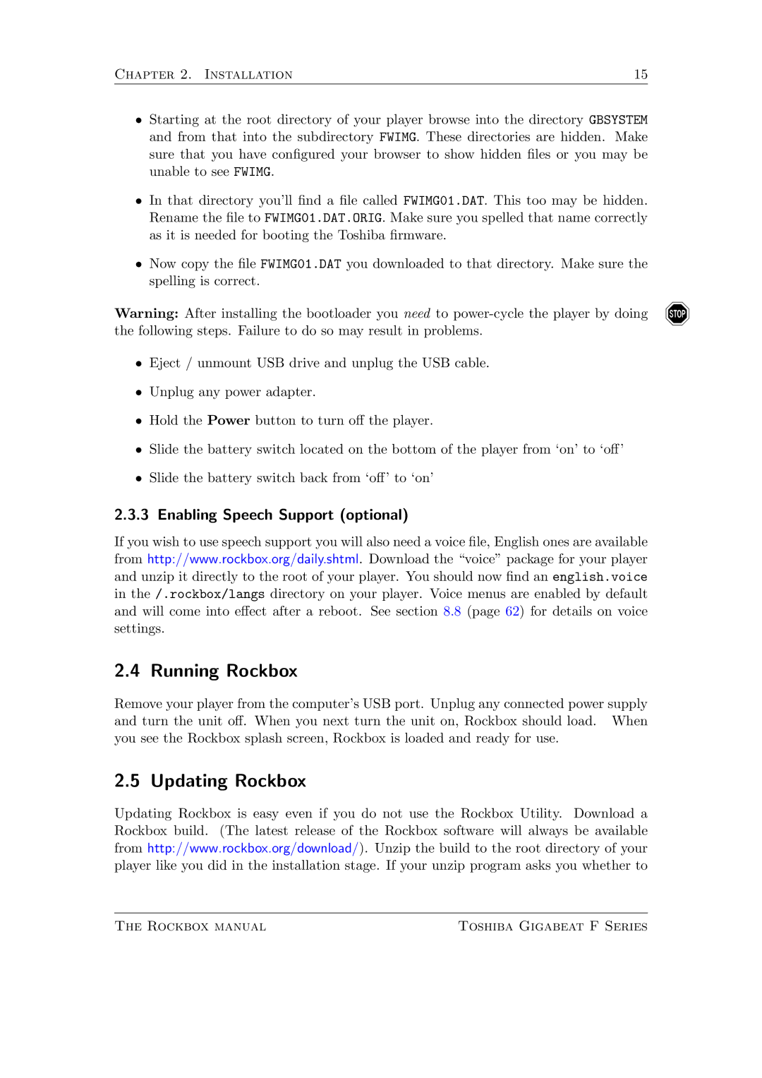 Toshiba F Series manual Running Rockbox, Updating Rockbox, Enabling Speech Support optional 