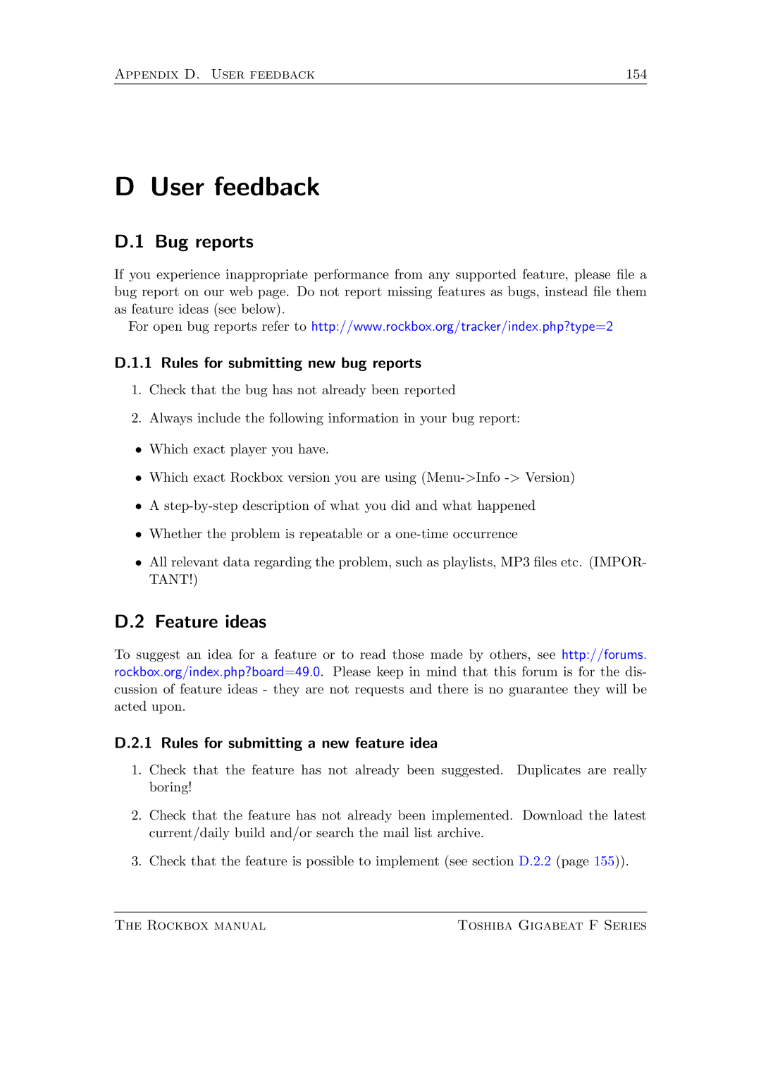 Toshiba F Series manual User feedback, Bug reports, Feature ideas, Rules for submitting new bug reports 