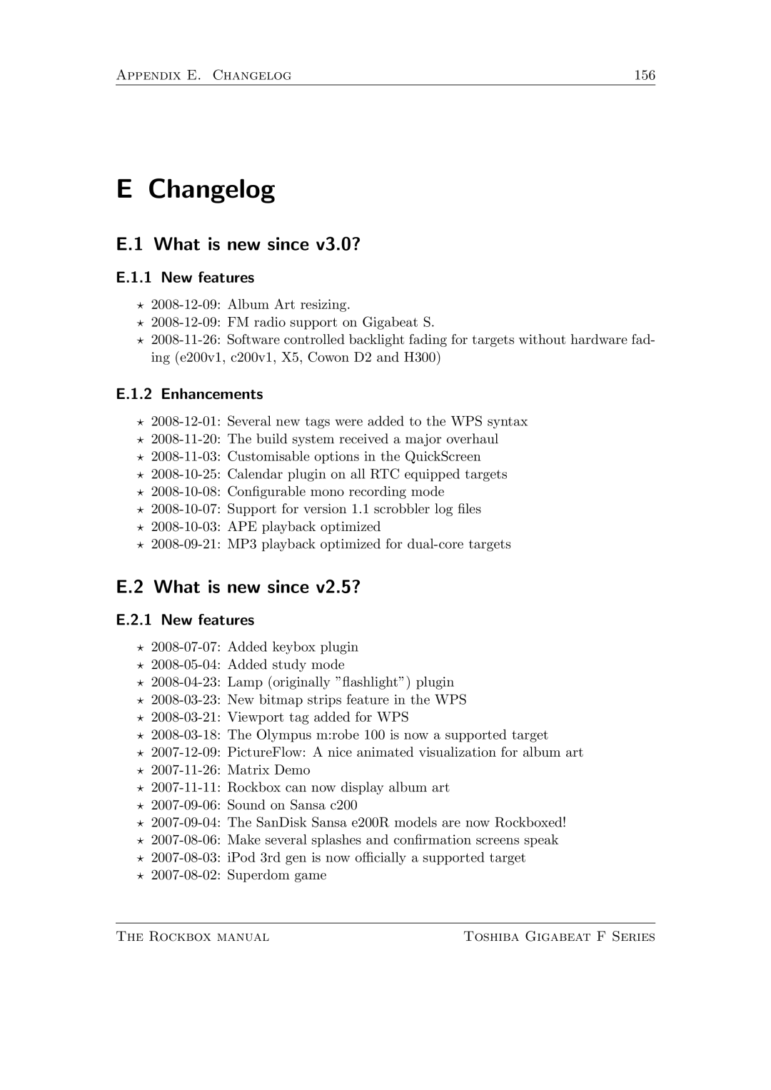 Toshiba F Series manual Changelog, What is new since v3.0?, What is new since v2.5?, New features, Enhancements 