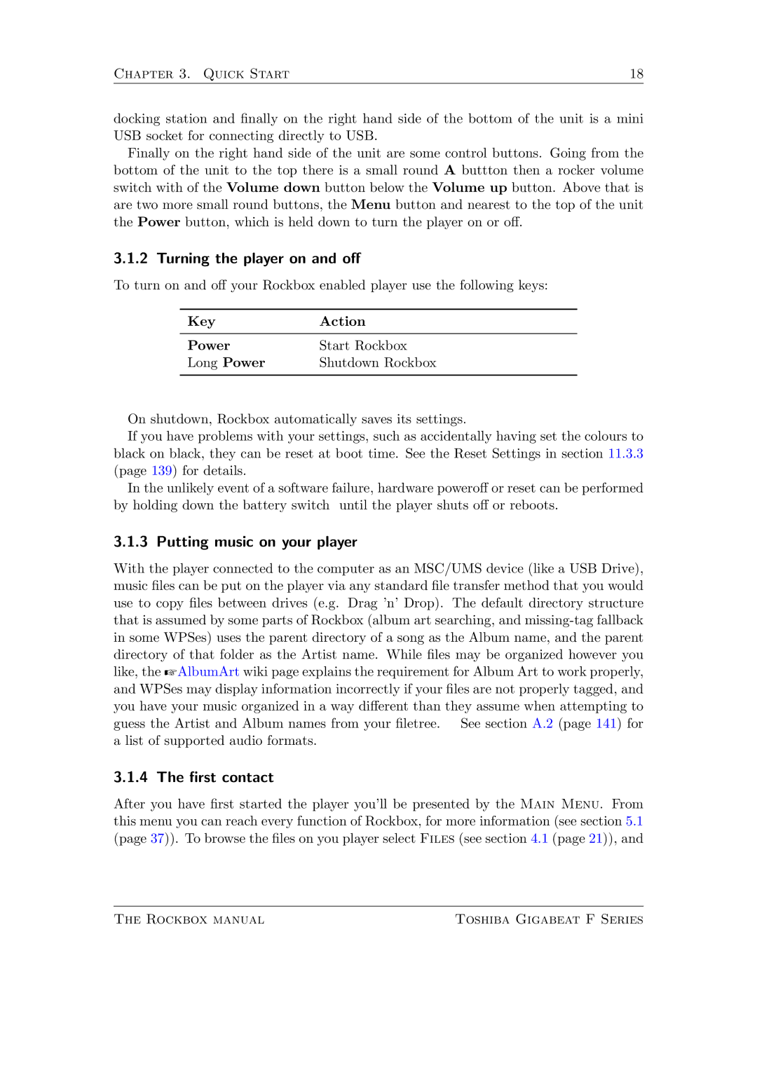 Toshiba F Series manual Turning the player on and o, Putting music on your player, Rst contact 