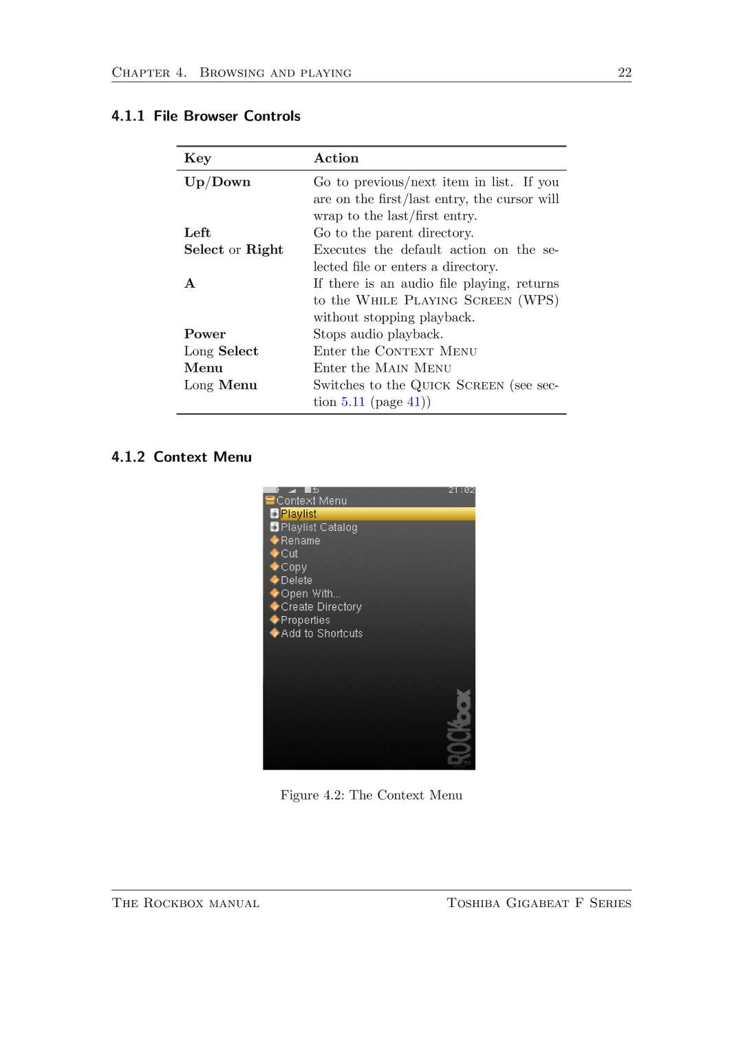 Toshiba F Series manual File Browser Controls, Context Menu 