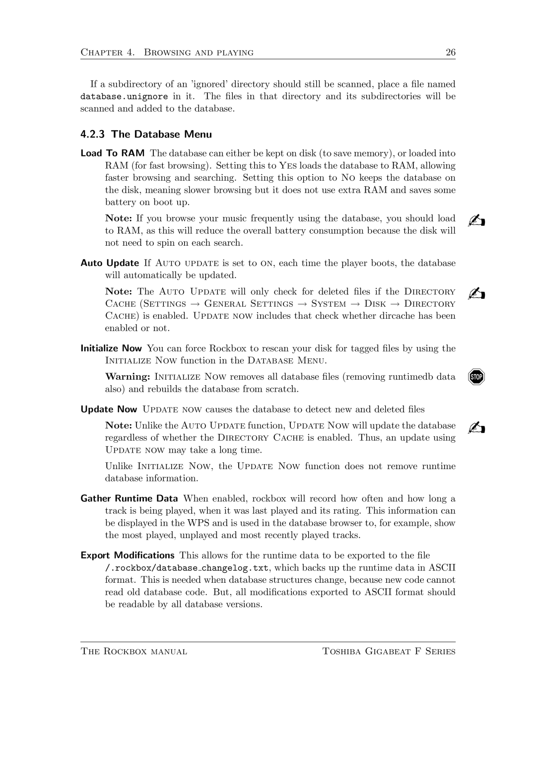 Toshiba F Series manual Database Menu 