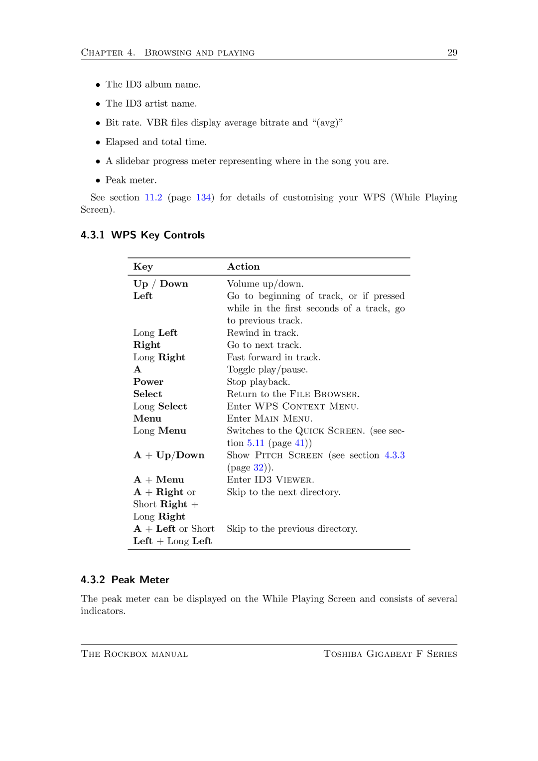 Toshiba F Series manual WPS Key Controls, Peak Meter 