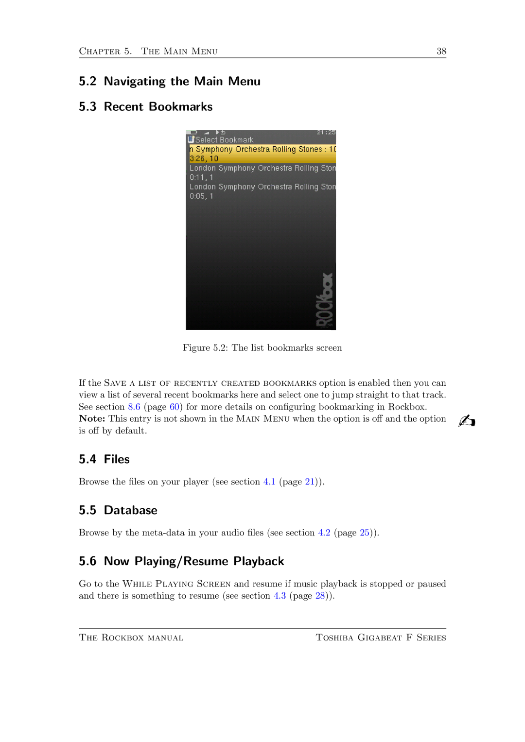 Toshiba F Series manual Navigating the Main Menu Recent Bookmarks, Files, Now Playing/Resume Playback 