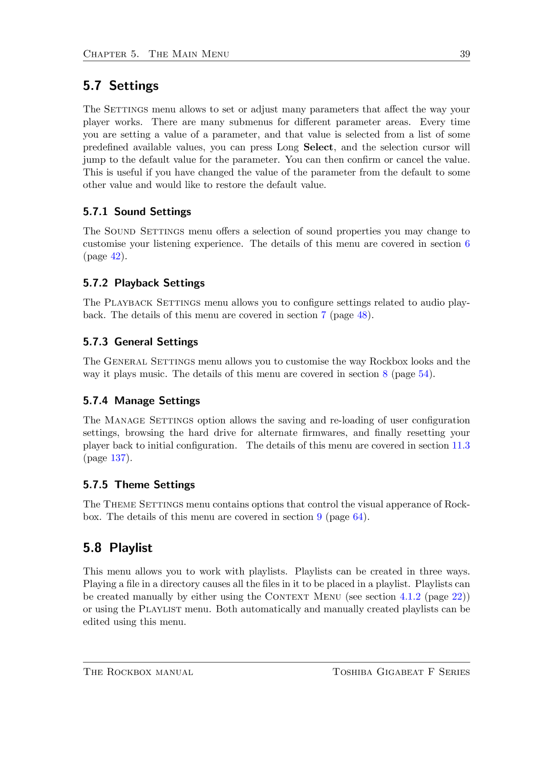 Toshiba F Series manual Settings, Playlist 