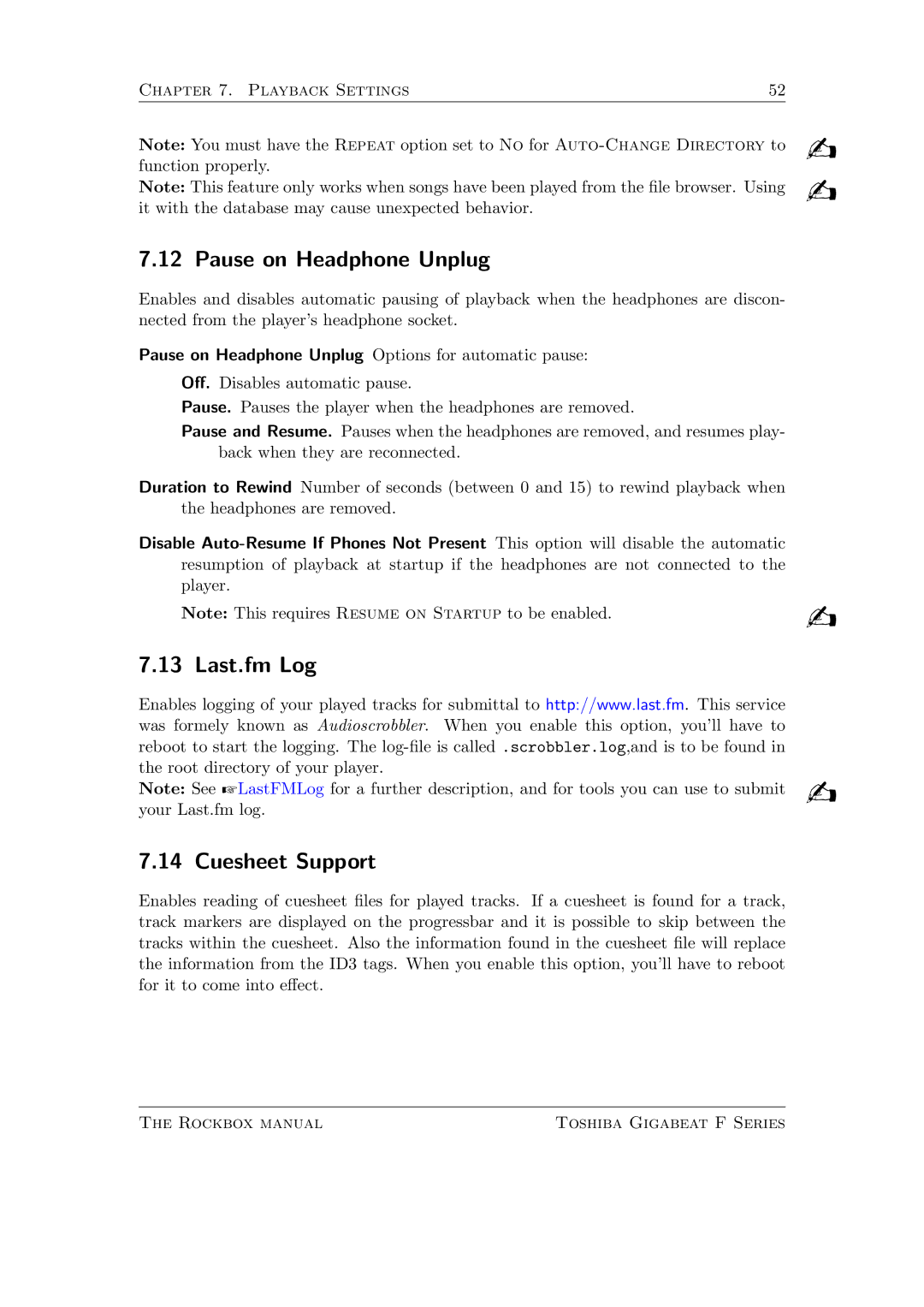 Toshiba F Series manual Pause on Headphone Unplug, Last.fm Log Cuesheet Support 