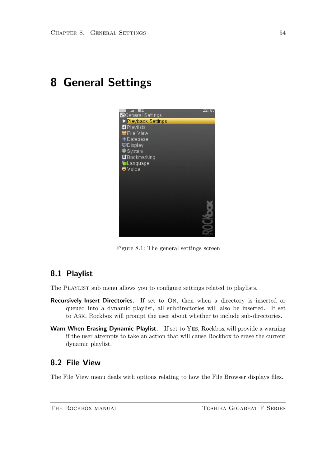 Toshiba F Series manual General Settings, File View 