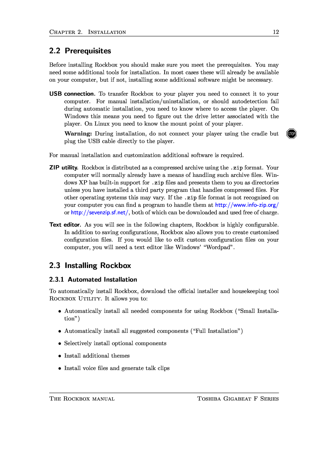 Toshiba F Series manual Prerequisites, Installing Rockbox, 2.3.1, Automated Installation 