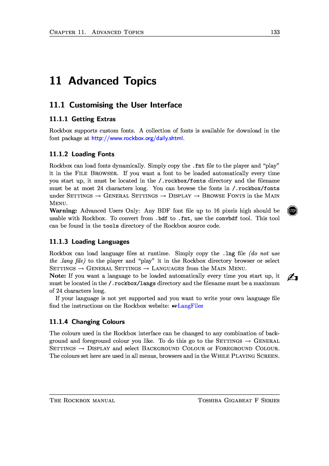 Toshiba F Series manual Advanced Topics, Customising the User Interface, Getting Extras, Loading Fonts, Loading Languages 